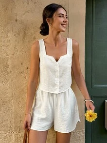 Women's Square Neck Loose 2 Pieces Set, Mimics Linen - Apricot - View 3