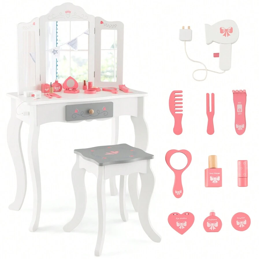 Homasis Kids Vanity Set Makeup Table & Chair Tri-Folding Mirror Sweet Accessories - White - View 1