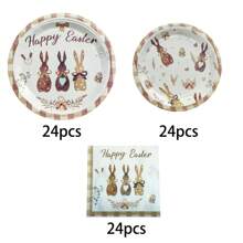 24 件/72 件复活节派对餐具套装 - 棕色格子、蝴蝶结、心形、兔子图案纸盘和餐巾、一次性餐具、复活节主题派对装饰、餐桌装饰