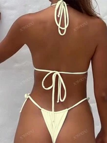 Solid Color Tie Bikini Set, Women Sexy Beach Swimwear Set, For Summer Vacation