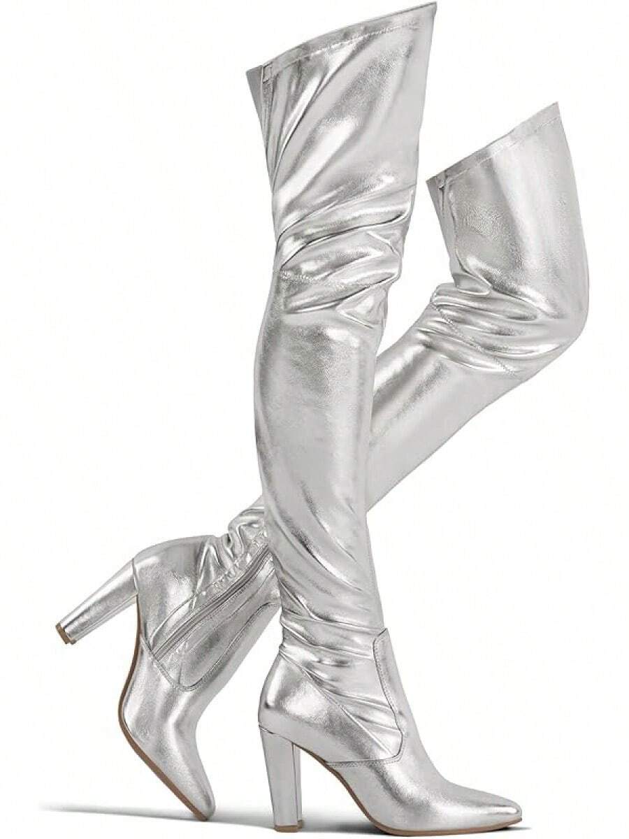 Shoe'N Tale Women Stretch Suede Chunky Heel Over The Knee Boots Thigh High For WomenChristmas - 銀色 - 查看 1