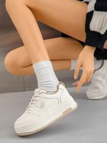 Zapatillas altas de mujer estilo callejero americano con suela gruesa.Zapatillas deportivas con cordones de otoño para mujeres,Zapatillas deportivas de moda de color combinado,Zapatillas de deporte para mujer estilo callejero americano con suela gruesa y transpirablesZapatillas de mujer con plataforma estilo callejero americano y diseño transpirable,otoño,para caminar y correr al aire libre - Beis - Ver 3