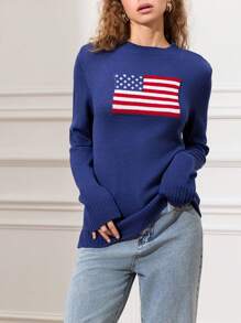 Women American Flag Sweater Y2k Patriotic Stars Stripes Print Long Sleeve Creneck Knit Sweatshirt Pullovers Tops Loose Jumpers Tops 4th Of July Outfit Streetwear - Navy Blue - View 3