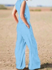 2pcs Set Plain Casual Pants And Tank Top - Blue - View 2