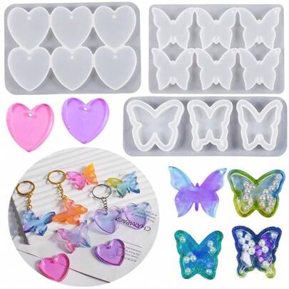 1 件水晶滴管 DIY 树脂三孔六孔蝴蝶心形吊坠钥匙扣硅胶模具
