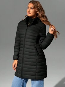 Giolshon 女士休闲连帽外套，带口袋，加厚设计，轻便透气，适合日常穿着，秋冬季节穿着。 - 黑色 - 查看 6