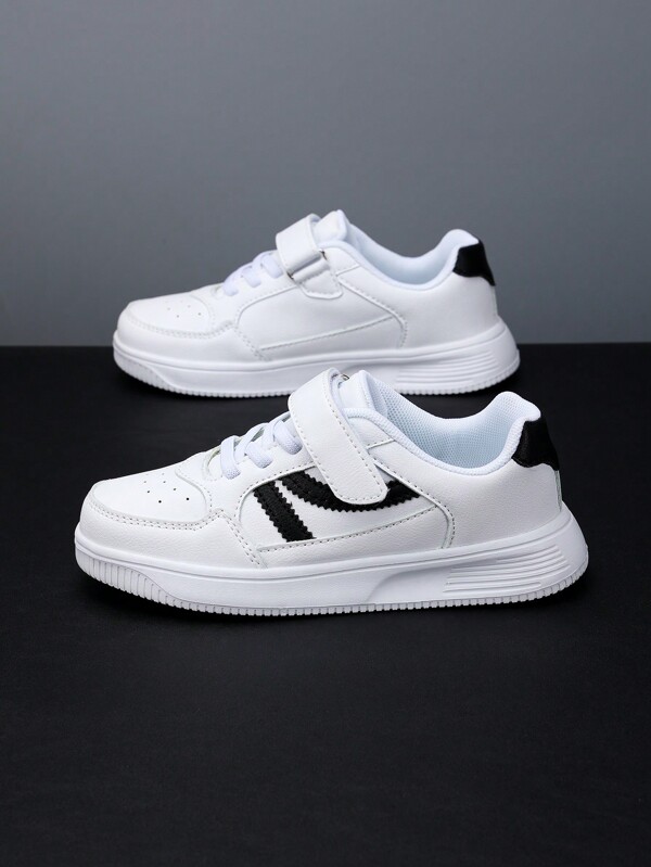 1 Pair New Kids Shoes, Children White Shoes, Boys White Comfortable Shoes, Girls Small White Sneakers, Students Shoes, Boys Black Hook-And-Loop PU Leather Shoes, School Party Casual White Shoes