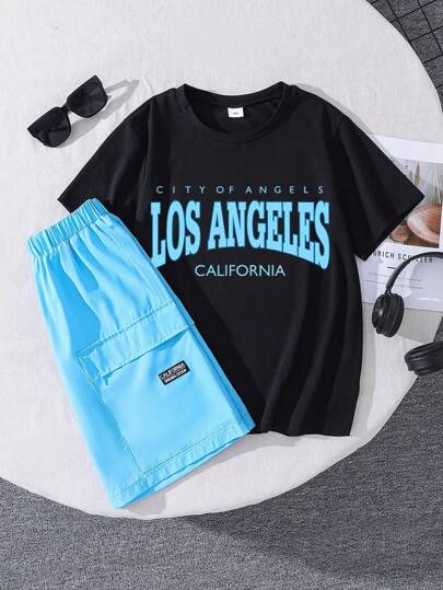 Conjunto de niño preadolescente con parte superior de manga corta con estampado gráfico de letras y shorts de tejido bordados con letras