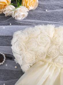 1 chiếc váy ren lưới 3D họa tiết hoa hồng cho bé gái, váy rộng tay bồng, quà tặng kỷ niệm ngày cưới cho tiệc mùa hè - Màu be - Xem 5