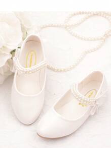CAIWENNIAO Pearl Girls Shoes, Soft Sole Princess Dress Shoes, White Piano Performance Flats (New Model)