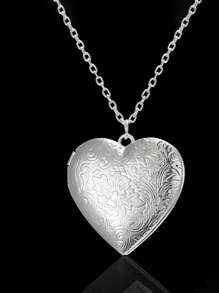1 Pieza, Collar personalizado con forma de corazón, personalizable con fotos, disponible en 5 estilos, color plateado general, con corazón en forma de corazón personalizado grabado, se puede abrir como un colgante para guardar fotos.