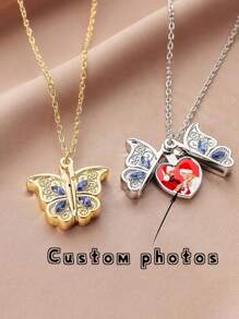 1/5Pcs Personalized Customized Butterfly Pendant Necklace, Love Star Pink Diamond Necklace, Customized Photos, Metal Material, Heart Shaped Album Box Design And Love Star Opening And Closing Design Versatile, Unique, Exquisite And Simple, School Supplies, For Teacher, For Boys And Girls, For Teenagers, Junior High School Students, Middle School Students, High School Senior High School Students, College Students, University Students, Freshman, Sophomore, Underclassmen