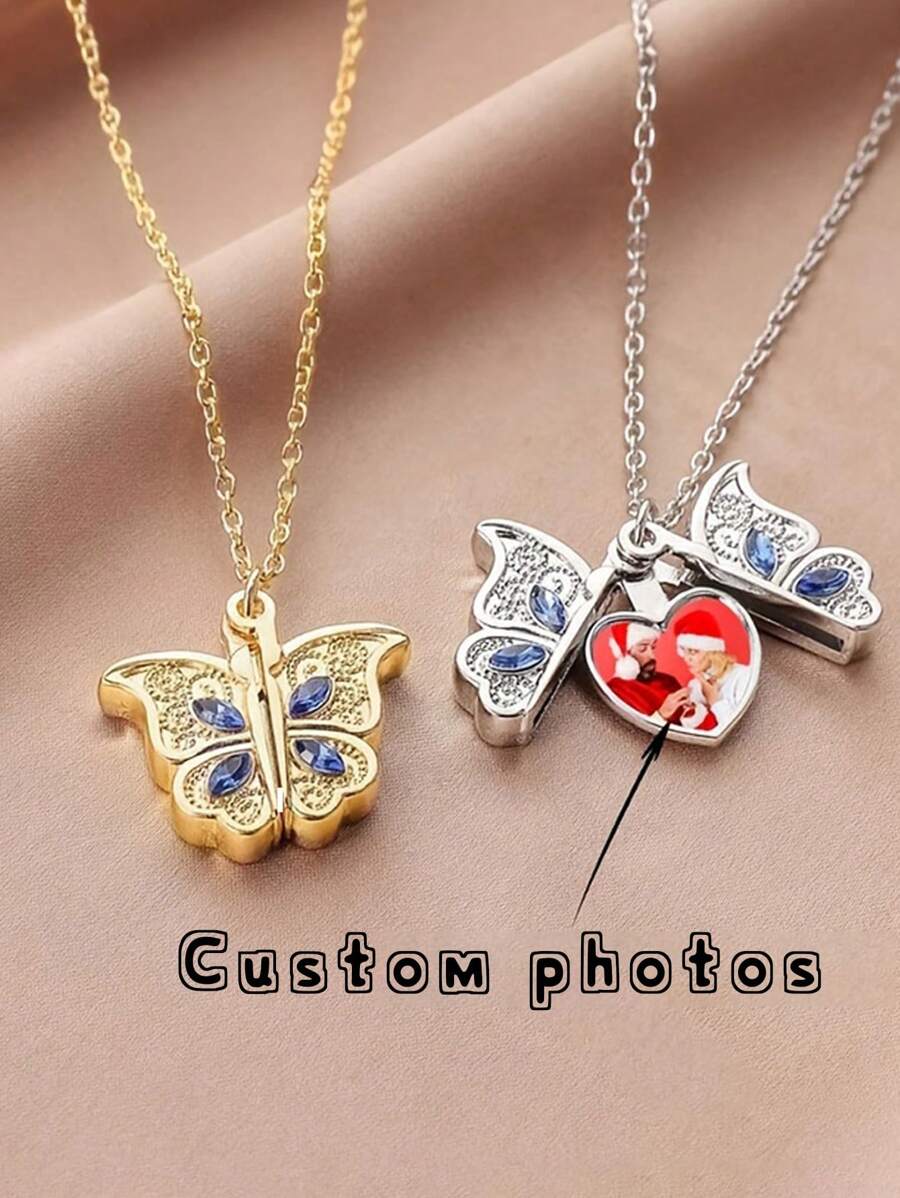 1/5Pcs Personalized Customized Butterfly Pendant Necklace, Love Star Pink Diamond Necklace, Customized Photos, Metal Material, Heart Shaped Album Box Design And Love Star Opening And Closing Design Versatile, Unique, Exquisite And Simple, School Supplies, For Teacher, For Boys And Girls, For Teenagers, Junior High School Students, Middle School Students, High School Senior High School Students, College Students, University Students, Freshman, Sophomore, Underclassmen