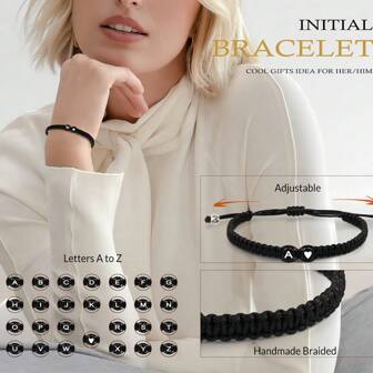 1 件女式手工编织手链，时尚简约风格，幸运友谊黑绳结 26 个字母心形可调节手链，送给朋友、家人、爱人、新年、情人节的完美礼物