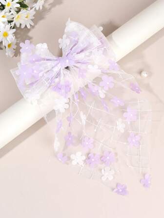 1 件装小花朵装饰蝴蝶结发夹女童白色紫色花朵蝴蝶结发夹带大尾巴儿童幼儿网状鳄鱼皮发夹日常派对礼物发饰