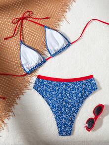 2pcs/Set 2025 Blue & White Floral Print Tie-Up Beach Bikini Set - Blue Background With White Flowers - View 4