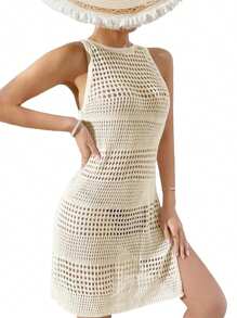 Women's Swimsuit Crochet Cover Up Summer Hollow-Out Sleeveless Bathing Suit Backless Side Split Beach Dress
