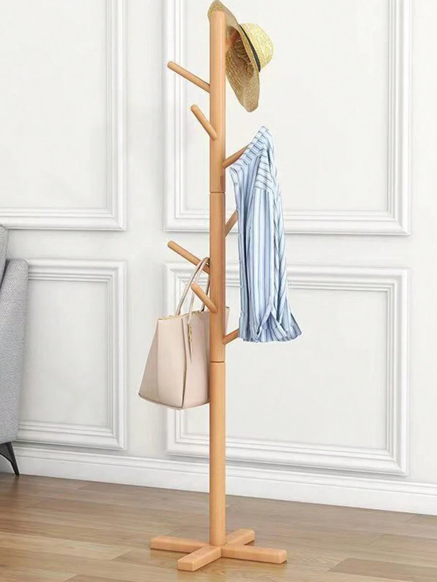 1 Stück stabiler Holz-Standgarderobe mit 8 Haken, geeignet zum Aufhängen von Jacken, Hüten, Schals und Handtaschen im Eingangsbereich, Flur, Schlafzimmer, Büro, minimalistischer Stil für Frühling und Sommer - Braun - Übersicht 1