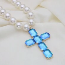Retro Oversized Pearl Necklace With Big Glass Cross Pendant, Fashion Jewelry For Women, Christmas Gift