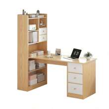 Escritorio con 5 Cajones y 7 Niveles de Repisas, Mesa de Ordenador Industrial Ideal, Mesa Home Office con Cajones, Escritorio en L Esquinero Apto para Oficinas y Dormitorios - Marrón - Ver 9