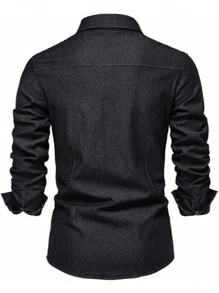 Men's Slim Long Sleeve Denim Shirt - Black - View 2