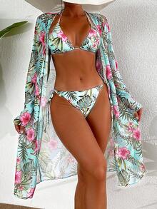 新款夏季女士性感挂脖系带比基尼套装，搭配网纱罩衫，三件式泳衣，适合海滩度假 - 藍色 - 查看 4