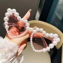 Óculos da Moda para Mulheres com Pedras Strass em Forma de Coração e Pérolas Falsas, Adereços para Fotos na Praia, Estilo Europeu e Americano para Férias de Verão na Praia, Ao Ar Livre, Viagem