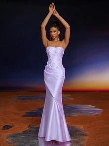 Anymoon 3D Hand Floral Ruffle Trim Mermaid Bridesmaid Dress - Purple - View 3