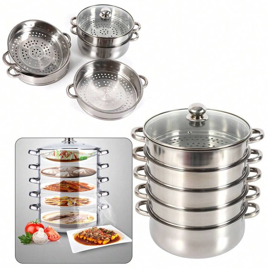 30CM 5 Tier Cook Food Veg Pot Large Stainless Steel Steam Cooker Steamer Kitchen - Silver - View 1