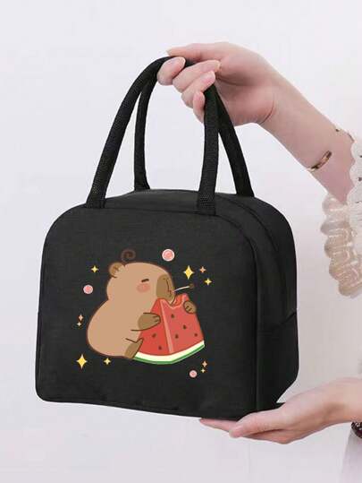 1pc Cute Capybara Print Insulated Lunch Bag, Large Capacity Party Camping Beach Picnic Tote, Portable Handbag