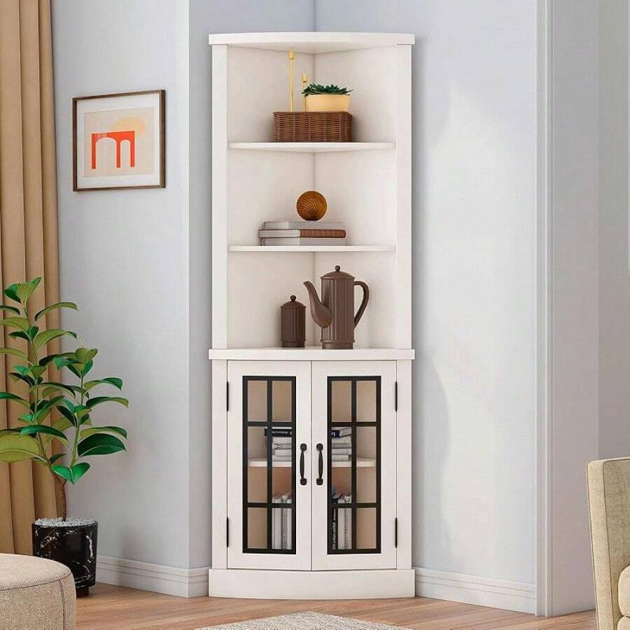 65" Corner Storage Cabinet With Glass Doors, 5-Tier Freestanding Bookcase With Adjustable Shelves, Space-Saving Organizer For Living Room And Bathroom, White - 白色 - 查看 1