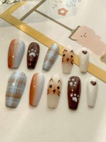10 Pieces Can Be Customized And Pressed Long Nails, Nail Art New Style DIY Cartoon Nails, Autumn Cat Gradient Cat Palm Printing Pattern Design Brown Nails, Halloween Nails,Christmas Nails,Customization Of Christmas And Halloween Elements, Nail Supplies, Nail Powder, Nail Astigmatism Suitable Use Of Party Scenes - Multicolor - View 2