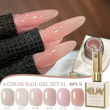 XEIJAYI XEIJAYI 6Pcs 15ML Jelly Ice Transparent Nude Green Blue Green And Colorful And Pure Gel Nail Polish Set Peelable UV LED Gel Polish, Glossy Finish, For Nail Salon And DIY For Beginners