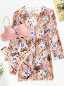Tropical Print 3 Piece Bikini Set, V Neck Ruched High Cut With Long Sleeves Cover Up Shirt Swimsuits, Women's Swimwear & Clothing For Holiday - Màu Hồng baby - Xem 5