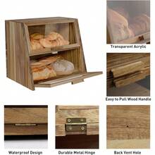 Acacia Wood Bread Box For Kitchen Countertop, Double Layer Natural Wooden Bread Storage Container, With Clear Windows, Back Air Vent, Large Bread Boxes For Keeping Food Fresh In Home And Kitchen