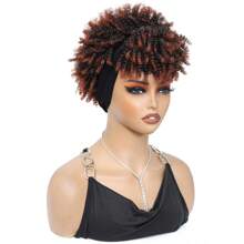 Peluca con diadema de cabello afro degrafilado negro, peluca afro corta sintética para mujer con rizos kinky y flequillo, peluca afro rizada con efecto turbante y flequillo.