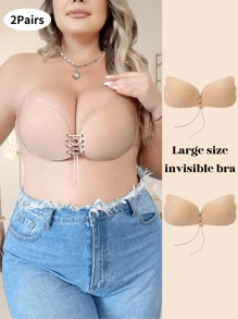 2 Pairs Plus Size Wing Invisible Push Up Bras Wire Free With Drawstring Self Adhesive Backless Lifting Effect Deep V Bras Women's Underwear And Lingerie Accessories-Recommend Buying A Size Up - Apricot - View 14