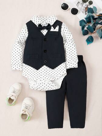 4 件套男婴绅士套装：圆点衬衫 + 背心 + 裤子 + 领结，适合生日派对、婚礼、节日场合的正式服装