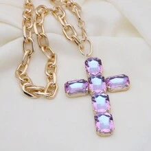 Retro Oversized Pearl Necklace With Big Glass Cross Pendant, Fashion Jewelry For Women, Christmas Gift