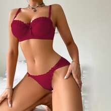 Women's Lace Embroidery Bra Set Stain Bow Mesh Underwired Full Coverage Bra With Low Waist Thong Lingerie Set Underwear Babydoll Sleepwear - Đỏ - Xem 2
