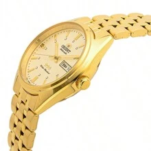 Orient Relógio mecânico automático dourado masculino 3 estrelas, relógio de pulso dourado pequeno vintage para negócios com visor de data, RA-AB0E04