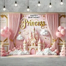 1 件暖粉色公主城堡生日派对背景横幅，粉色城堡 - 蛋糕 - 气球设计，涤纶生日派对照片背景，蛋糕桌照片装饰，适用于生日、派对、庆典、室内外花园派对装饰，多种尺寸选择，无需电源