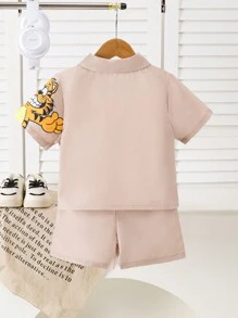 2 件男婴虎纹印花翻领衬衫 + 虎纹印花短裤套装 - 卡其色 - 查看 2