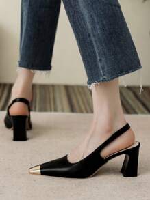 女士法式露跟凉鞋，方头高跟粗跟，新款夏季设计鞋款，优雅，适合派对，厚底鞋 - 黑色 - 查看 4