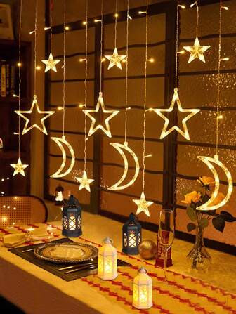 1 varm/färgglad lykta med månstjärna-serie sagojul LED-gardinljus, justerbart stjärn- och måneläge, julbröllop alla hjärtans dag-fest hem blinkande romantisk sagomode sagoljusslingor halloween jul ramadan trädgårdsgårdsdekoration