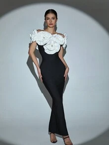 Vestido de mujer para el Día de San Valentín, vestido ajustado de vendaje con hombros descubiertos y flores 3D, vestido de noche, vestido para eventos de boda, vestido de cóctel semi formal para baile de graduación, invitado de boda, graduación, Año Nuevo