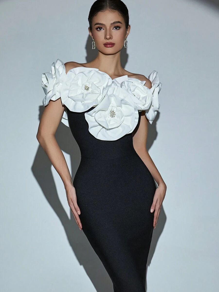 Vestido de mujer para el Día de San Valentín, vestido ajustado de vendaje con hombros descubiertos y flores 3D, vestido de noche, vestido para eventos de boda, vestido de cóctel semi formal para baile de graduación, invitado de boda, graduación, Año Nuevo