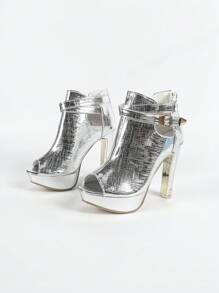 Women's Black High Heel Waterproof Platform Peep-Toe Sandals - Silver - View 6