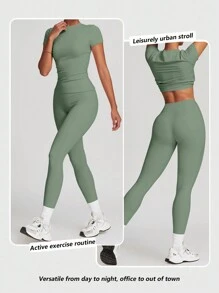 Yefecy 2/4 女式纯色圆领 T 恤和高腰紧身裤运动服套装，运动舒适 T 恤和紧身裤，适合瑜伽健身房锻炼，女士夏季返校运动服，女式运动服，市中心女孩服装春夏风格 - 薄荷綠 - 查看 5
