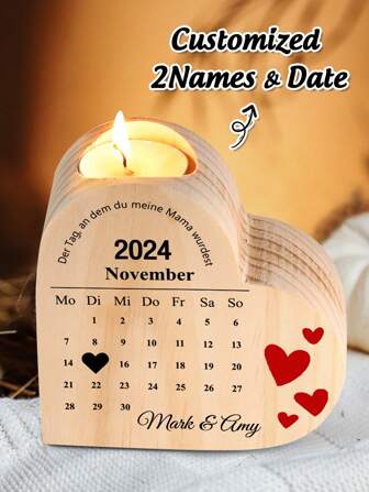 1pc Personalized Wooden Heart-Shaped Candle Holder With Name/Date/Text, Suitable For Various Desktop Decorations, Perfect For Valentine's Day, Ideal Gift For Anniversaries, Weddings, Birthdays (Candles Not Included)